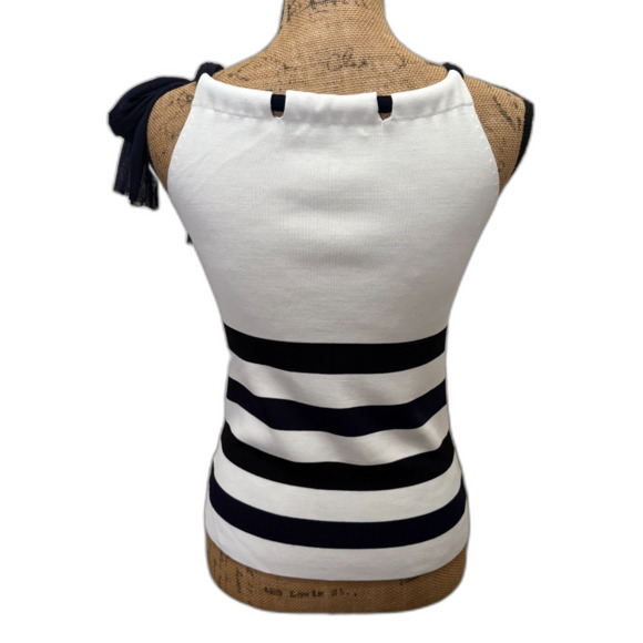 Etcetera High Neck Tie Tank Nautical Sailor Stripe White Navy Blue Size Small - Picture 3 of 4